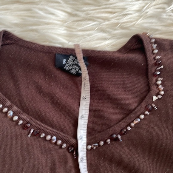 RQT brown beige white shirt sleeve v neck beaded bedazzled blouse top shirts M - Picture 14 of 16